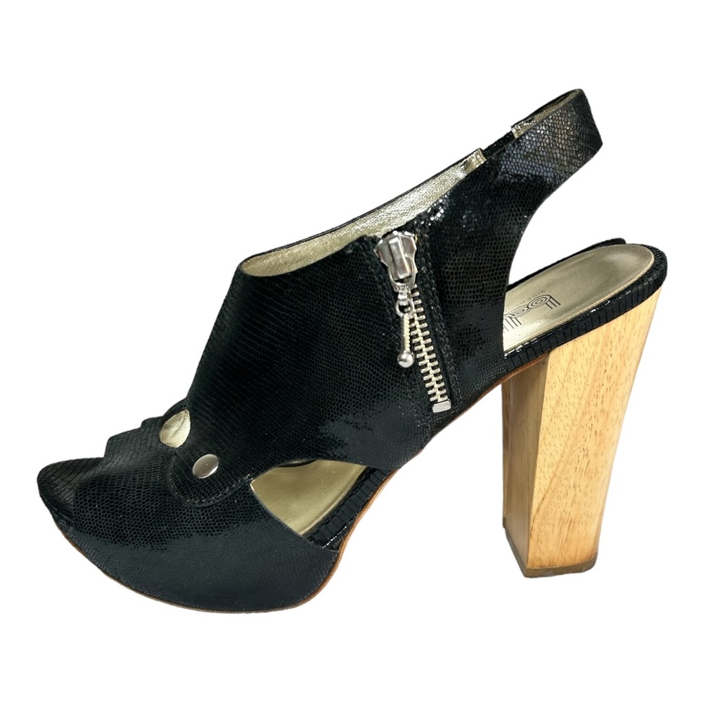 Belle Sigerson Morrison black leather side zip retro wooden chunky heels sz 8.5